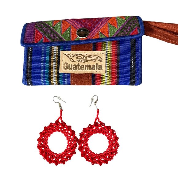 Handmade Guatemalan Coin Purse Boho Woven Wallet And Red Beaded Earrings Set - Picture 7 of 7
